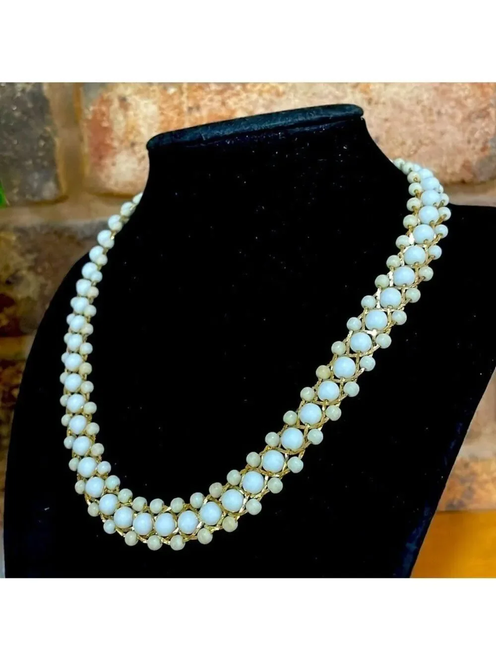 Korea Vintage 5 strand woven gold tone collar chain with white beads_2